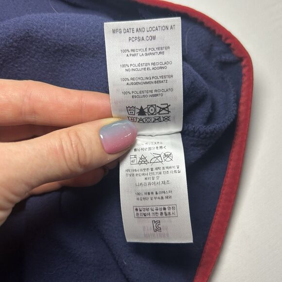 Patagonia Men's Medium Micro D Snap T Navy Blue with Red Pullover Fleece Sweater - Picture 5 of 8